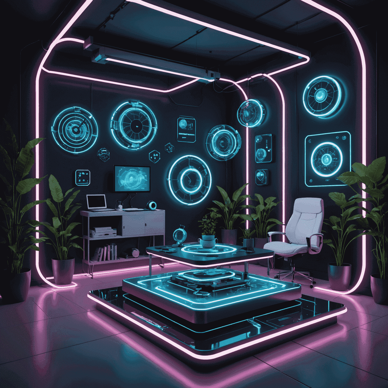 A futuristic 3D render of various CAD models floating in a neon-lit virtual space, showcasing the cutting-edge nature of 3D technology and free CAD software