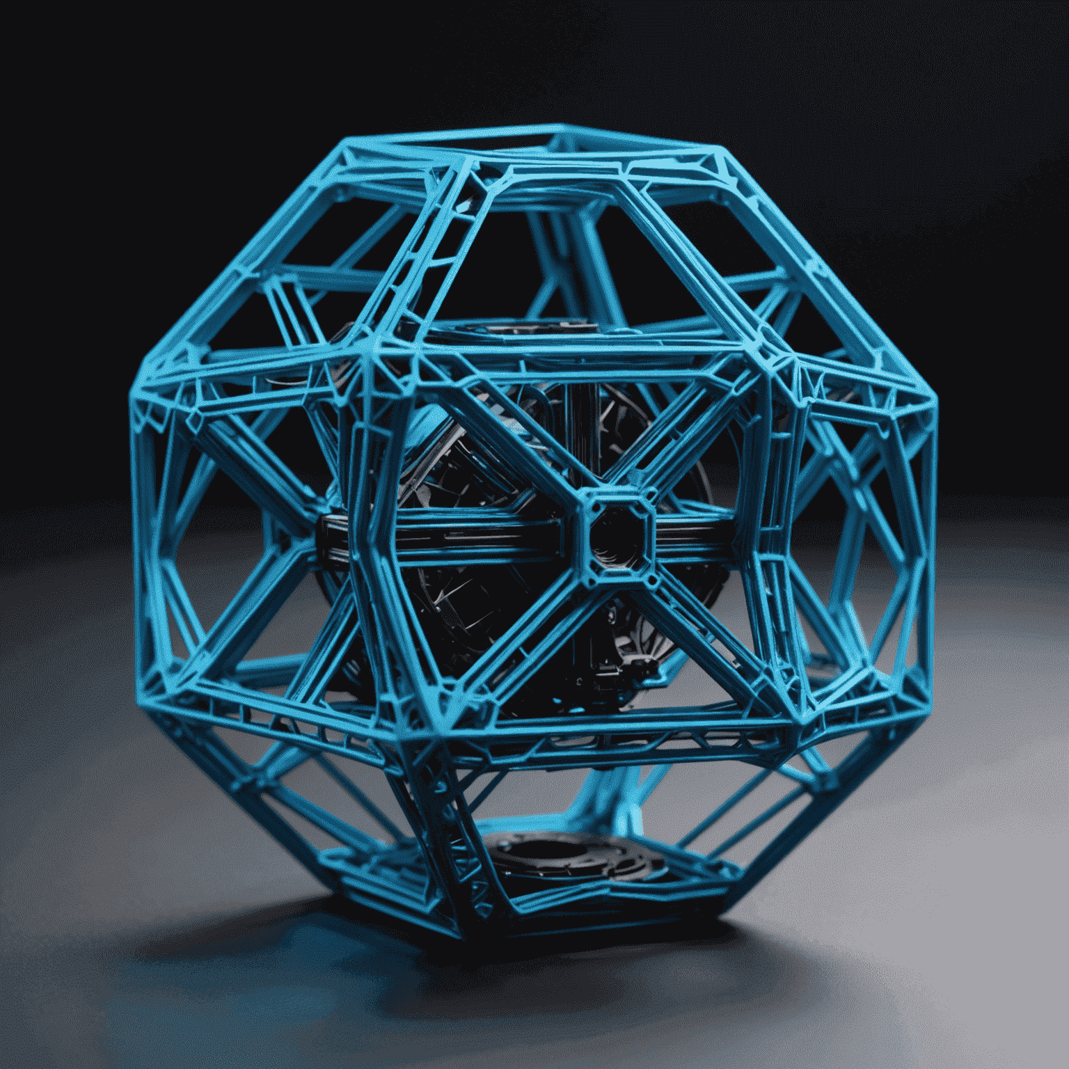 3D printer creating a complex geometric object with neon blue filament, showcasing high-resolution layers and intricate details