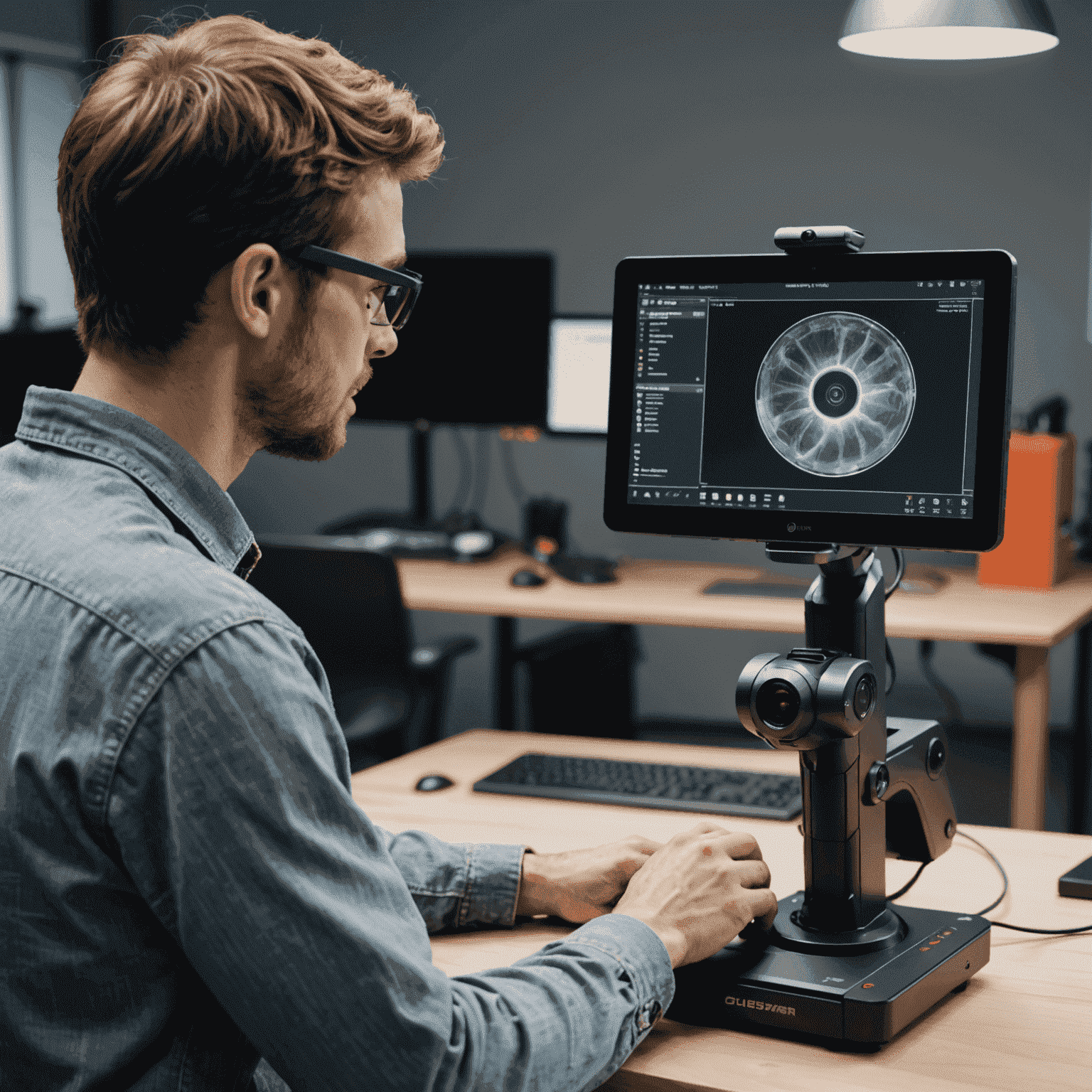 A person using a handheld 3D scanner to capture a complex object, with a computer screen showing the real-time 3D model generation