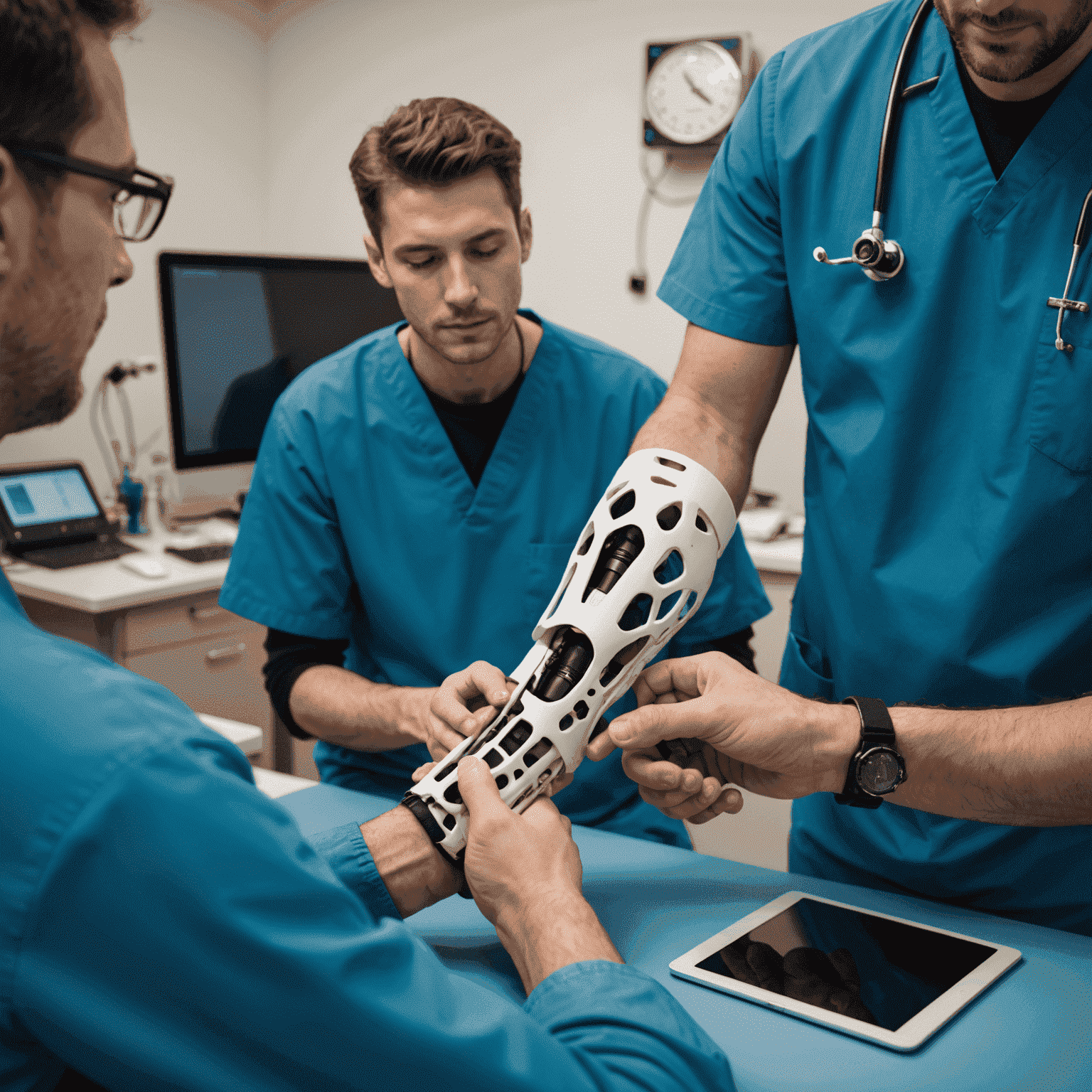 A 3D-printed prosthetic limb being fitted on a patient, with medical professionals using a tablet to make adjustments