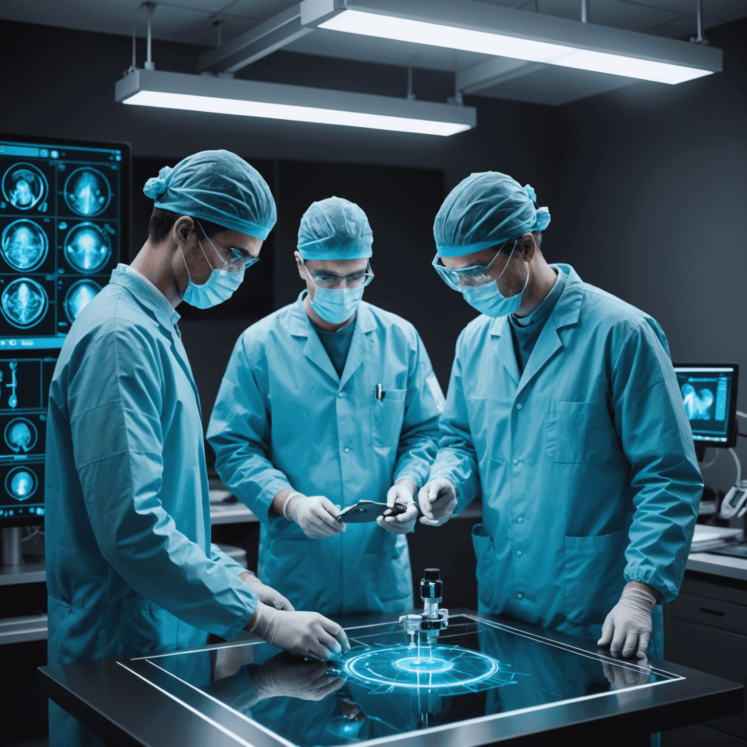 Surgeons using a holographic 3D model for surgical planning, with neon blue interface elements